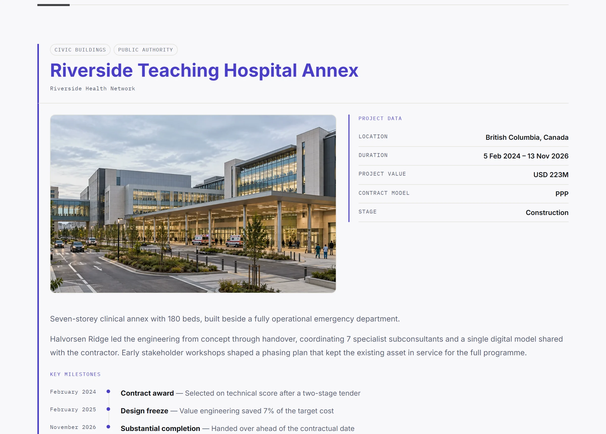 A client-facing Podiyem presentation: a hospital project with its photograph, key data and milestones, in the firm's own branding