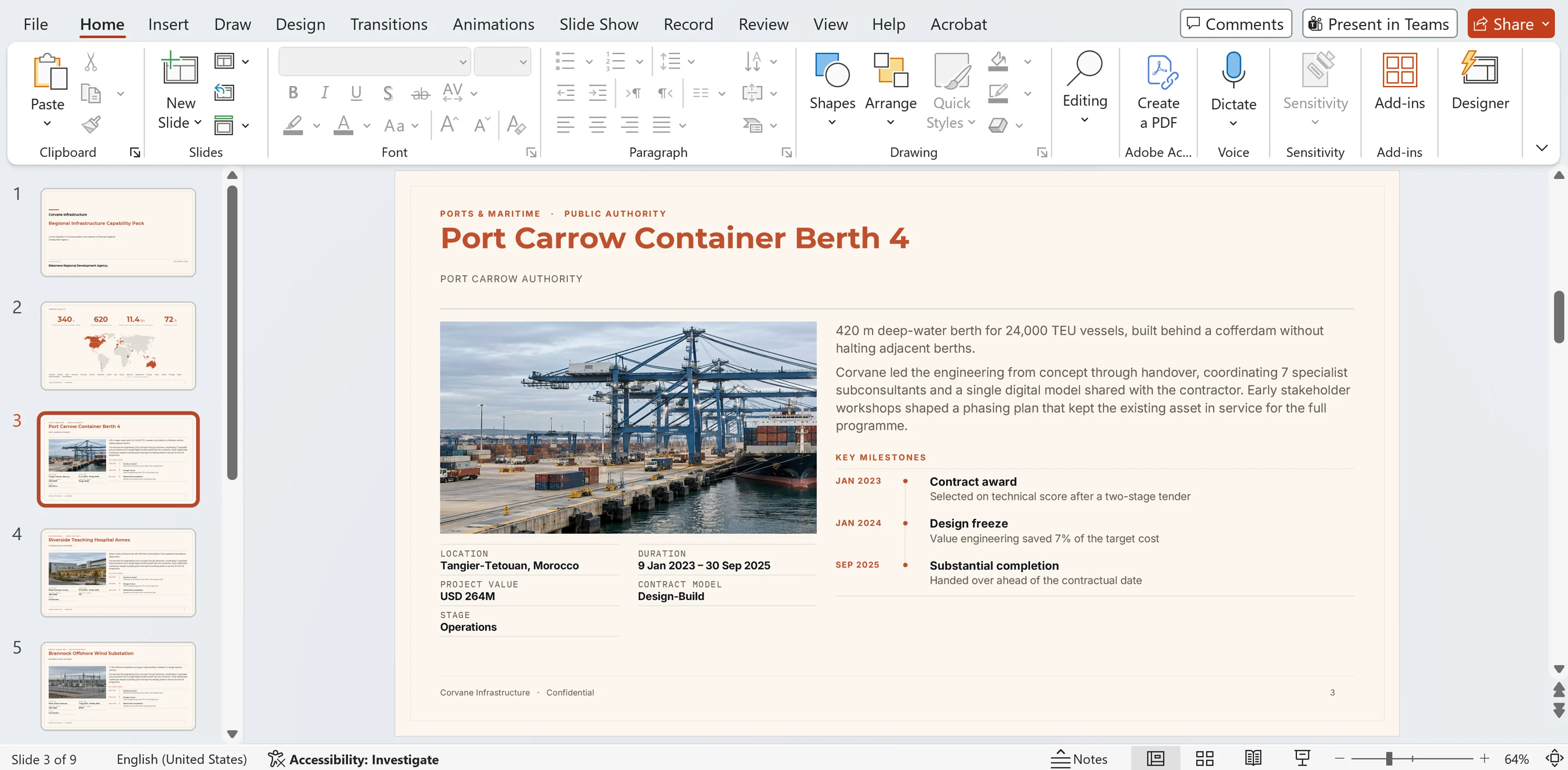 The same slide exported to a real PowerPoint file and open in PowerPoint, with the slide list on the left
